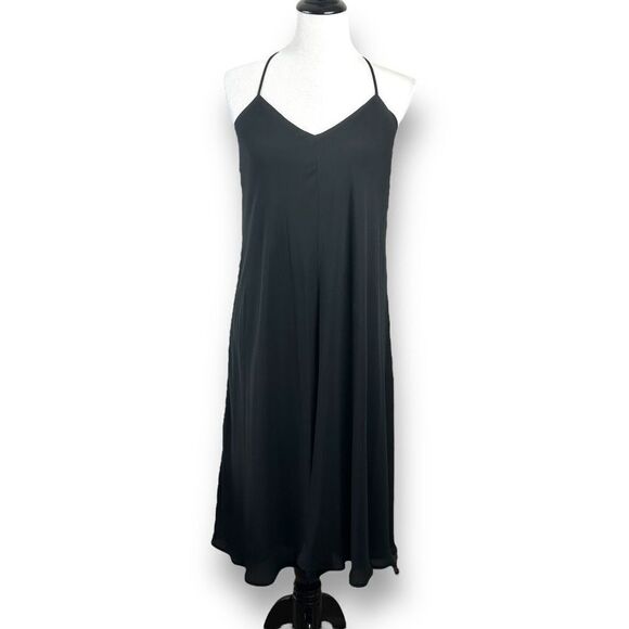 Loft Women's Size 6 Halter Strap Midi Dress Solid Black Racerback Minimalist LBD - Picture 1 of 8